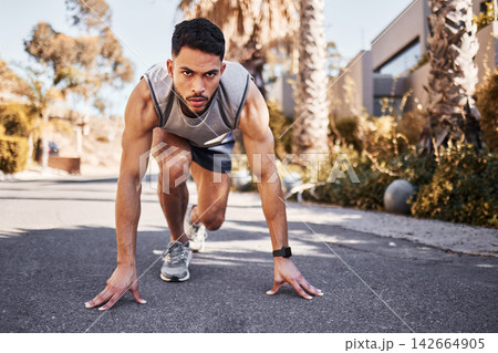Sport, runner and male person for fitness in outdoors for exercise, training and workout for health. Active, man and athlete with marathon race on track for muscles, wellness and cardio in street Sport, runner and male person for fitness in outdoors for exercise, training and workout for health. Active, man and athlete with marathon race on track for muscles, wellness and cardio in street 142664905