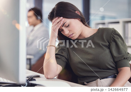 Woman, anxiety and burnout with call center, crm and stress for 404 mistake or glitch. Customer service agent, headset and contact us support with headache, problem and startup telecom employee 142664977