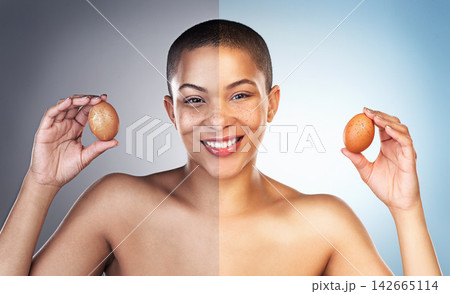 Woman, happy and skincare for routine in studio with eggs, ingredients and satisfied with results. Portrait, natural and smile with confidence for transformation, process and treatment for skin Woman, happy and skincare for routine in studio with eggs, ingredients and satisfied with results. Portrait, natural and smile with confidence for transformation, process and treatment for skin 142665114