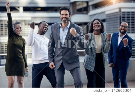 Business people, portrait and celebration on rooftop for company win, fist pump and motivation. Employees, excited and proud of success or goal achievement, bonus and promotion or salary increase 142665304