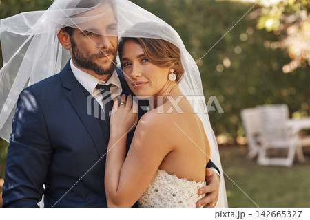 People, couple and portrait for wedding in outdoor with love, anniversary and ceremony. Relationship, married and confident for commitment, unity and promise for support, care and celebration 142665327
