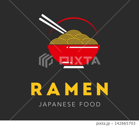 Asian ramen noodles icon. Appetizing pasta oriental restaurant emblem with red bowl with chopsticks and noodles. Badge for Chinese, Korean and Japanese cuisine menu and chef restaurant vermicelli Asian ramen noodles icon. Appetizing pasta oriental restaurant emblem with red bowl with chopsticks and noodles. Badge for Chinese, Korean and Japanese cuisine menu and chef restaurant vermicelli 142665703