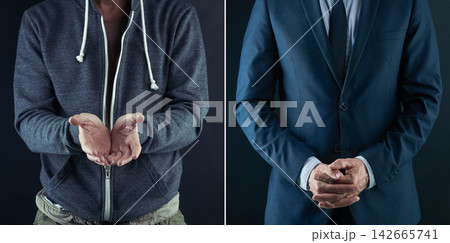 Before and after, poor and businessman in studio to compare of begging, struggle and poverty to success or wealth. Man, achievement and time for growth or opportunity, desperate and entrepreneur boss Before and after, poor and businessman in studio to compare of begging, struggle and poverty to success or wealth. Man, achievement and time for growth or opportunity, desperate and entrepreneur boss 142665741