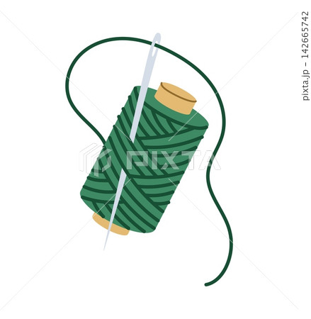 Green sewing thread spool with threaded sewing needle for sewing, tailoring, embroidery, quilting or garment repair. Cartoon neatly wound spool for craft blogs and sewing atelier emblems Green sewing thread spool with threaded sewing needle for sewing, tailoring, embroidery, quilting or garment repair. Cartoon neatly wound spool for craft blogs and sewing atelier emblems 142665742