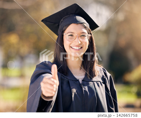 Thumbs up, portrait and woman for graduation in college with celebration, scholarship and support for school. Female graduate, goal and hand with yes emoji in campus for promote education and success 142665758