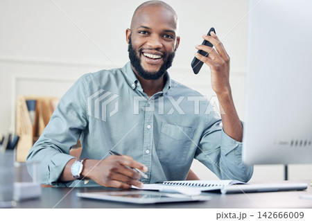 Businessman, smartphone and office with smile in portrait for business with client calls or research. Communication, company and telemarketing with employee for happiness with confidence in job 142666009