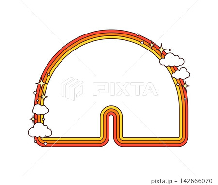 Retro groovy arched rainbow hippie frame featuring clouds and sparkles with bold black outlines. Vibrant y2k psychedelic border frame for scrapbooking, school supplies and summer party invitations Retro groovy arched rainbow hippie frame featuring clouds and sparkles with bold black outlines. Vibrant y2k psychedelic border frame for scrapbooking, school supplies and summer party invitations 142666070