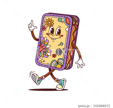Groovy pencil case, funny school supply character and cartoon cheerful education personage Y2K groovy pencil box with hippie flowers and happy smile on silly face for school supplies character 142666072