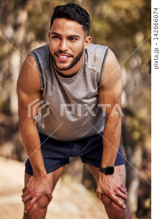 Man, runner and break with smile for fitness in outdoors for wellness with training for exercise in summer. Cardio, routine and consistent for marathon in sportswear with rest for health in park Man, runner and break with smile for fitness in outdoors for wellness with training for exercise in summer. Cardio, routine and consistent for marathon in sportswear with rest for health in park 142666074