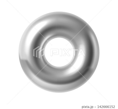 3D silver metallic ring glossy object. Vector shiny chrome torus or donut hollow loop with geometric shape and smooth reflective surface. Minimalist modern industrial frame, luxury curve element icon 142666152