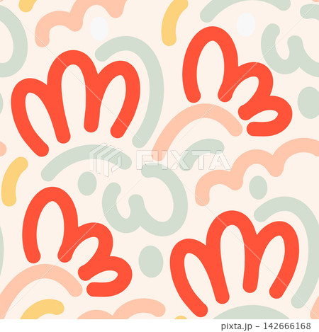 Modern gender neutral kids seamless pattern with soft abstract colorful spots in warm muted tones. Playful, stylish design for nursery decor, baby textiles, clothing, stationery, wallpaper Modern gender neutral kids seamless pattern with soft abstract colorful spots in warm muted tones. Playful, stylish design for nursery decor, baby textiles, clothing, stationery, wallpaper 142666168