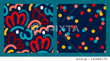 Festive kids seamless pattern set with polka dot and playful colorful spots on dark background. Fun modern gender neutral prints for childrens parties, birthdays, celebrations. Brught stylish design Festive kids seamless pattern set with polka dot and playful colorful spots on dark background. Fun modern gender neutral prints for childrens parties, birthdays, celebrations. Brught stylish design 142666176
