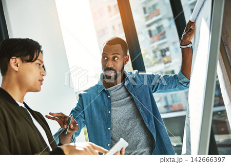 Teamwork, employees and chart for coworking in office, mindmap and brainstorming for company growth. Business people, talking and ideas at sales agency, problem solving and collaboration on project 142666397