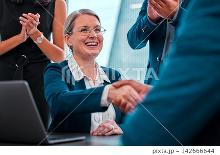 Laptop, applause and businesswoman with handshake, smile and boardroom for negotiation, boss and client. Collaboration, partnership and meeting for project, agreement and publicist for politics Laptop, applause and businesswoman with handshake, smile and boardroom for negotiation, boss and client. Collaboration, partnership and meeting for project, agreement and publicist for politics 142666644