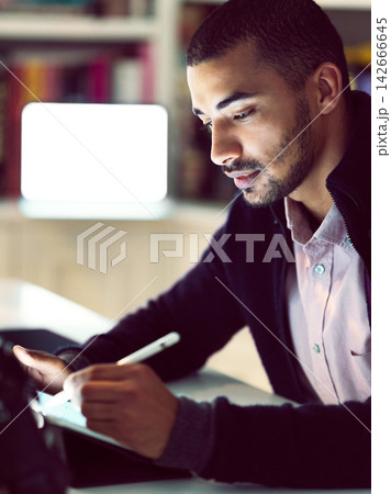 Creative man, drawing and tablet in office for work as graphic designer or web developer for agency. Mock up space, digital sketching pad and designing brand logo, website apps and film storyboard. 142666645
