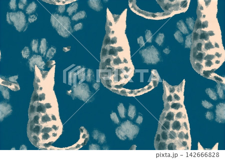 A seamless blue pattern with watercolor painted cats and paw prints, hand-painted spotted red cats, sitting cats, view from behind A seamless blue pattern with watercolor painted cats and paw prints, hand-painted spotted red cats, sitting cats, view from behind 142666828