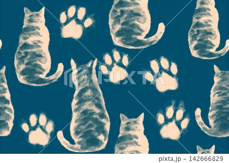 A seamless blue pattern with watercolor painted cats and paw prints, hand-painted spotted red cats, sitting cats, view from behind A seamless blue pattern with watercolor painted cats and paw prints, hand-painted spotted red cats, sitting cats, view from behind 142666829