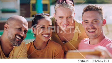 Happy, friends and selfie with smartphone outdoor for bonding, profile picture or update for social media. Diverse people, man and women for photo memories, image moment and weekend trip with mobile 142667191