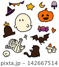ハロウィンの手書きイラストモチーフセット（おばけ・ジャックオーランタン・ミイラ等） 142667514