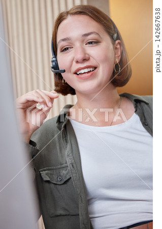Woman, headset and call center as agent for company support, crm and customer service talking in office. Employee, telemarketing and contact with computer for sales, business and consulting clients 142667638