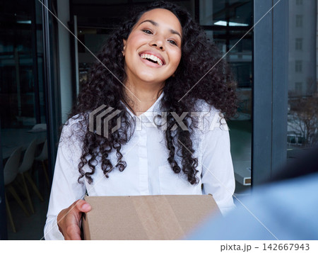 Box, door or happy woman with package, delivery man or smile with freight, stock and distribution. Sales, customer and closeup of courier worker giving parcel or shipping with supply chain or service 142667943