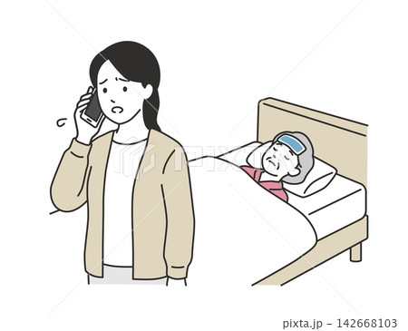 発熱した高齢者のデイサービス利用キャンセルや欠席を電話連絡する家族のイラスト 発熱した高齢者のデイサービス利用キャンセルや欠席を電話連絡する家族のイラスト 142668103