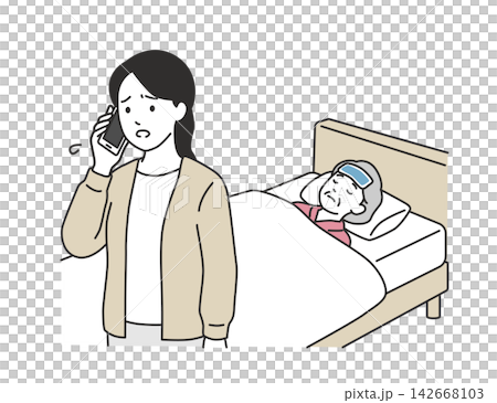 An illustration of a family member calling to cancel or inform an elderly person with a fever that they will be absent from day care services. 142668103