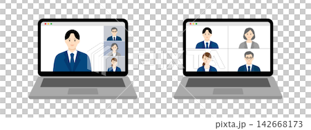 A set of business people using laptops for online meetings. A set of business people using laptops for online meetings. 142668173