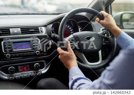 Car, dashboard and steering wheel of motor for driving, travel or navigation for transportation or journey. Auto, person or hands in luxury automobile of battery electric vehicle for eco friendly Car, dashboard and steering wheel of motor for driving, travel or navigation for transportation or journey. Auto, person or hands in luxury automobile of battery electric vehicle for eco friendly 142668342