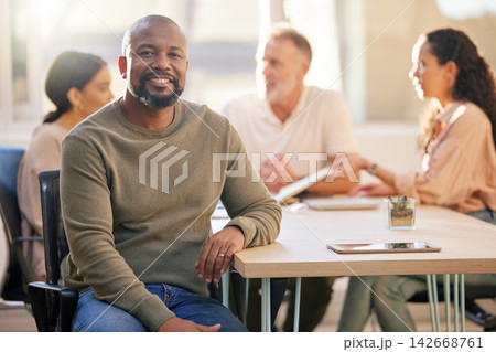 Mature, black man and happy portrait with meeting for company feedback, teamwork and creative business. Male manager, designer agency and relax with people for collaboration, leadership and workshop. Mature, black man and happy portrait with meeting for company feedback, teamwork and creative business. Male manager, designer agency and relax with people for collaboration, leadership and workshop. 142668761