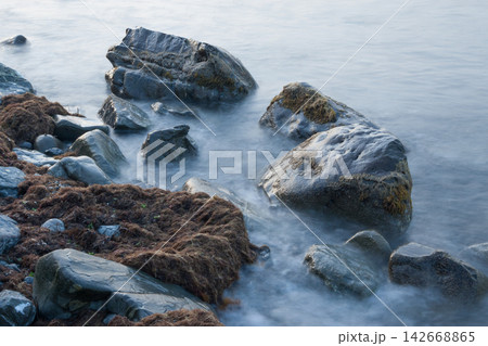 Long exposure view of sea boulders covered with algae surrounded by silky misty water Long exposure view of sea boulders covered with algae surrounded by silky misty water 142668865