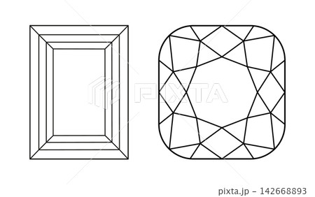 Baguette, Cushion angular diamond cut shapes. Design flat diagram. Brilliant Baguette, angular Cushion cut icon layouts. Gemstone outline patterns for jewellery design, branding, packaging, logos. 142668893