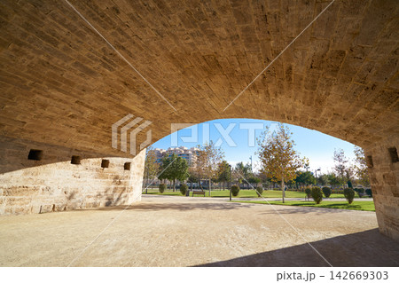 Serrano bridge in Valencia in Turia park Spain 142669303