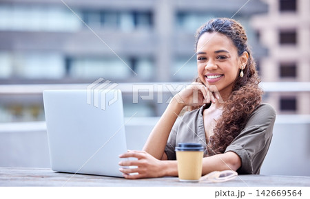 Business, woman and portrait on balcony with laptop in morning for work as Market Research Analyst for agency. Female employee, digital technology and browsing, online and happiness for product sales Business, woman and portrait on balcony with laptop in morning for work as Market Research Analyst for agency. Female employee, digital technology and browsing, online and happiness for product sales 142669564