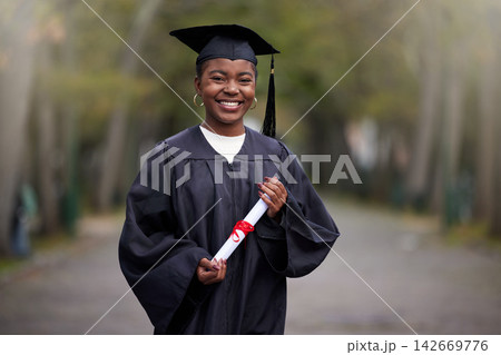 Black girl, portrait and diploma for graduation in outdoor, certificate and college or education achievement. Female person, student and degree for learning, scroll and campus ceremony at university 142669776