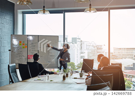 Businesswoman, presentation and whiteboard brainstorming or coworkers, project planning or teamwork. Men, woman and conference room as financial accountant or company target or sales, report or goal 142669788