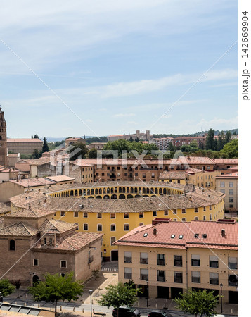 Vertical view over the old town and the historic bullring of Tarazona, Aragon, Spain Vertical view over the old town and the historic bullring of Tarazona, Aragon, Spain 142669904