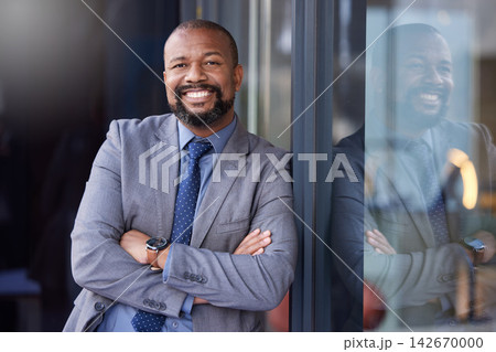Happy, black businessman and crossed arms for portrait, empowerment and success outside office. Male entrepreneur and manager with formal suit and smile for pride, confidence and ambition in work 142670000