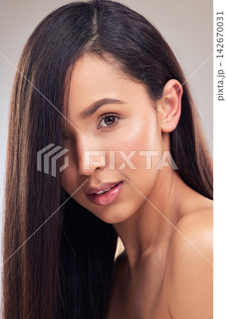 Results, portrait and haircare for woman in studio, healthy and aesthetic of hair, texture and confidence. Relax, salon treatment and growth for girl, hairstyle and proud and routine in Egypt Results, portrait and haircare for woman in studio, healthy and aesthetic of hair, texture and confidence. Relax, salon treatment and growth for girl, hairstyle and proud and routine in Egypt 142670031