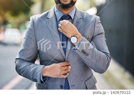 Businessman, professional and fashion with tie in outdoor for style or elegance as attorney. Confident, hands and male person for formal attire with watch for positive image or attitude as lawyer 142670122