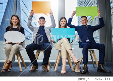 Business people, portrait and feedback or speech bubble in office for communication and job interview. Happy, team or group in waiting room with sign for voice, public opinion and recruitment Business people, portrait and feedback or speech bubble in office for communication and job interview. Happy, team or group in waiting room with sign for voice, public opinion and recruitment 142670134