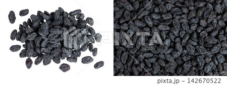 black raisins isolated on white background. Top view. Flat lay black raisins isolated on white background. Top view. Flat lay 142670522