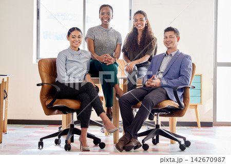 Office, coworkers and diversity with portrait, group and collaboration for small business startup. Law firm, teamwork and employee support with company trust, management and new project happiness 142670987