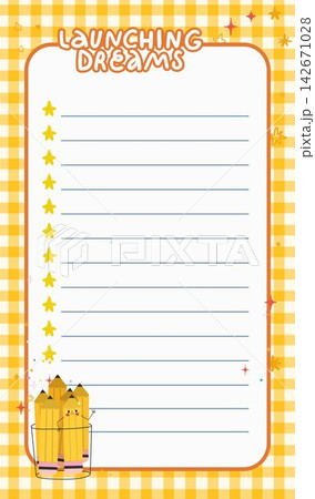 Cute launching dreams notepad with pencils stars and yellow gingham border in hand drawn vector style Cute launching dreams notepad with pencils stars and yellow gingham border in hand drawn vector style 142671028