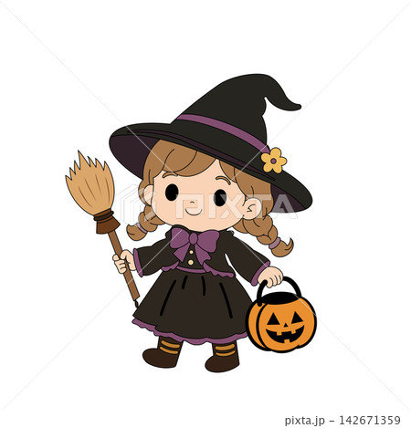 ハロウィンの仮装をした三つ編みの女の子とジャックオーランタン（カラー） 142671359