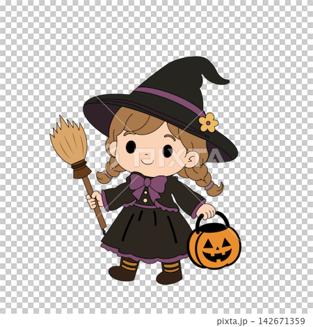 ハロウィンの仮装をした三つ編みの女の子とジャックオーランタン（カラー） 142671359