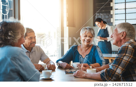 Mature, friends and group relax at coffee shop on holiday or morning tea on vacation in retirement. Senior, people and talking at cafe with gossip, story or funny chat at reunion with happiness Mature, friends and group relax at coffee shop on holiday or morning tea on vacation in retirement. Senior, people and talking at cafe with gossip, story or funny chat at reunion with happiness 142671512