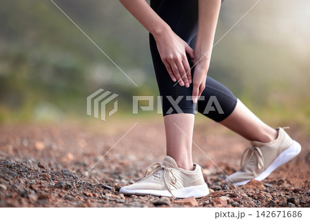 Hands, leg pain and injury outdoor from workout, accident or training for health in nature. Calf, muscle strain and person with arthritis, fibromyalgia or medical osteoporosis after fitness exercise Hands, leg pain and injury outdoor from workout, accident or training for health in nature. Calf, muscle strain and person with arthritis, fibromyalgia or medical osteoporosis after fitness exercise 142671686