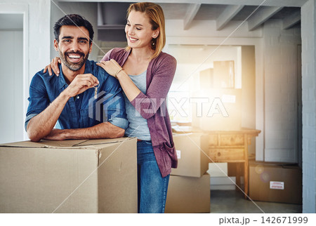 Couple, moving and house with key or boxes, property and investment with people and support or mortgage. Opportunity, new home and residential buyer, ownership together and achievement or relocation Couple, moving and house with key or boxes, property and investment with people and support or mortgage. Opportunity, new home and residential buyer, ownership together and achievement or relocation 142671999