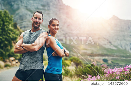 Portrait, exercise and couple with teamwork, fitness and nature with sunshine, bonding together and workout. Face, people and man with woman, arms crossed and support with training, hobby or wellness Portrait, exercise and couple with teamwork, fitness and nature with sunshine, bonding together and workout. Face, people and man with woman, arms crossed and support with training, hobby or wellness 142672600